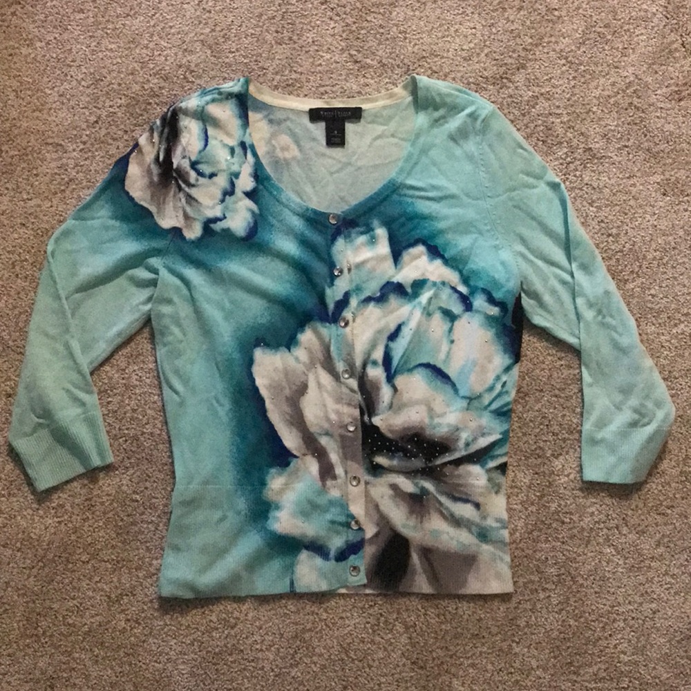 EUC WHBM size small teal floral cardigan